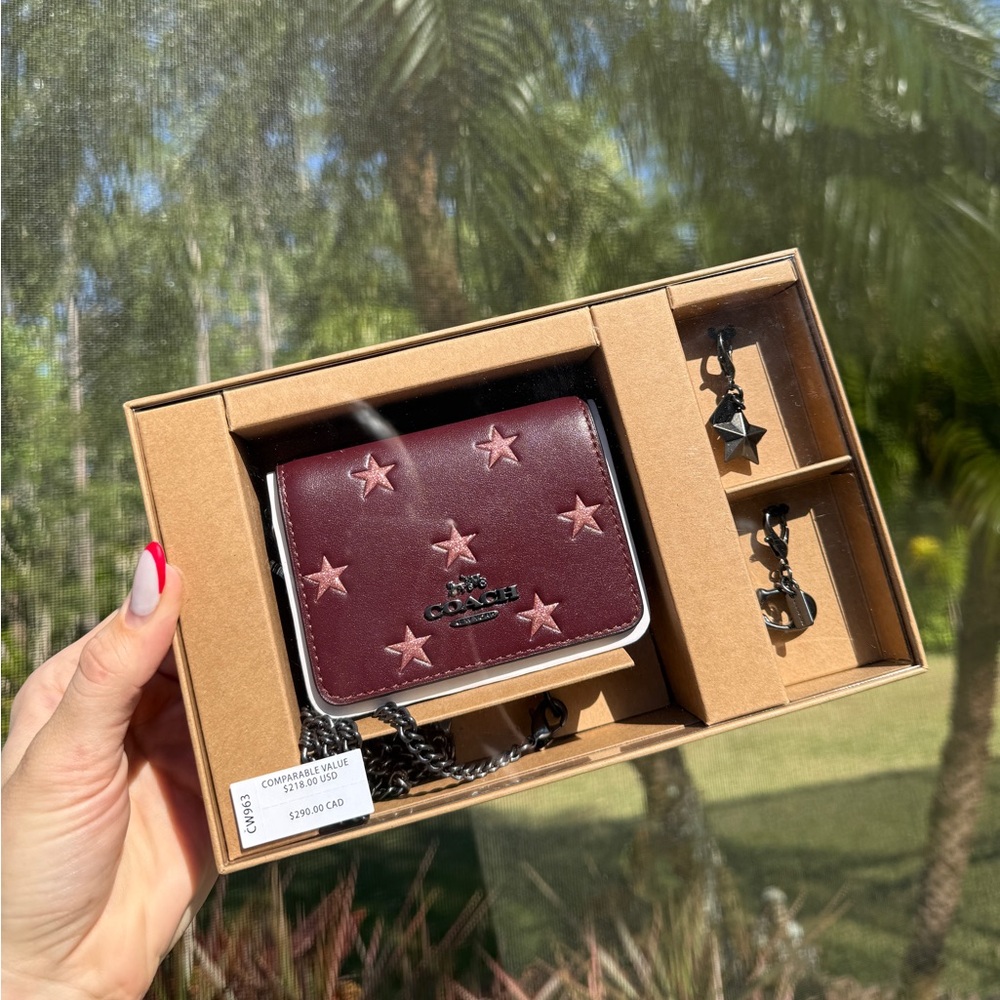 Coach Boxed Mini Burgundy Wallet On A Chain With Star Print